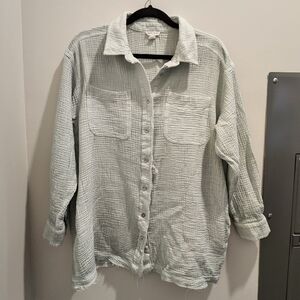Turquoise Button-Up Textured Shirt With Pockets